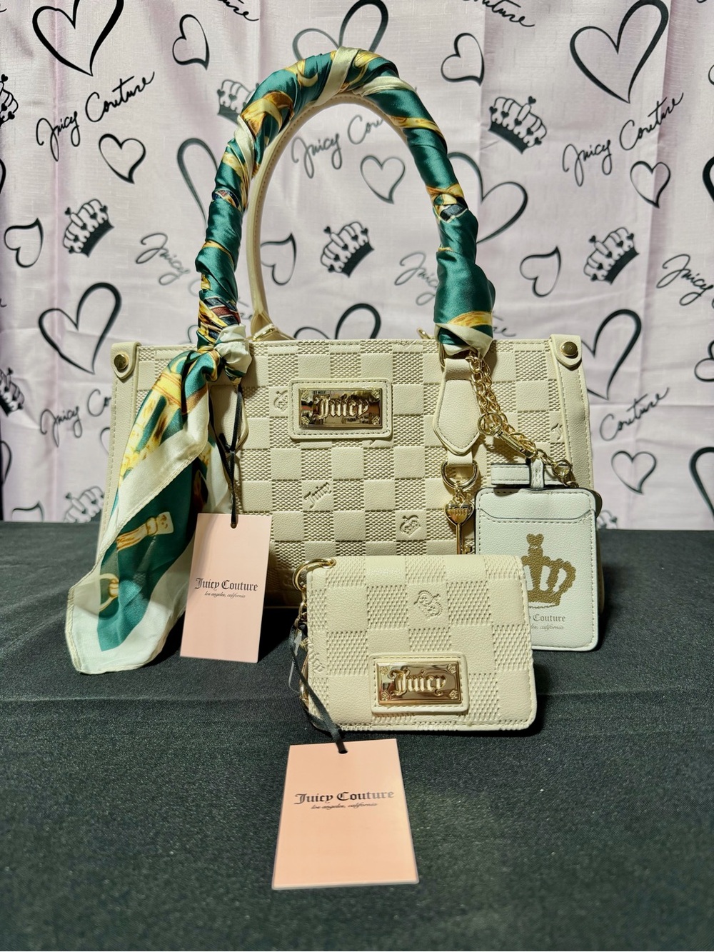 Juicy Couture Cream Checkered Satchel Set with Green Scarf-Handle Accent